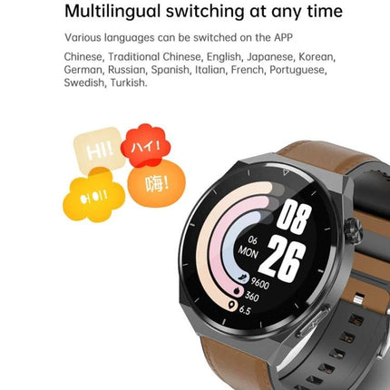 A Versatile Smart Watch for Daily Health and Activity Tracking showing multilingual app support, step and calorie display on round smartwatch face