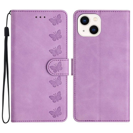 Seven Butterflies Leather Phone Case For Everyday Protection - purple PU leather wallet case with embossed butterfly design, card slots and wrist strap
