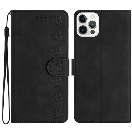 Seven Butterflies Leather Phone Case For Everyday Protection in black PU leather wallet style with card slots and wrist strap
