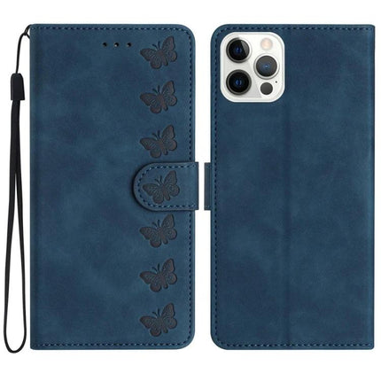 Seven Butterflies Leather Phone Case For Everyday Protection in navy blue wallet style with butterfly embossing, card slots and wrist strap