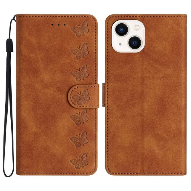 Seven Butterflies Leather Phone Case With Built In Card Slots For Everyday Protection - brown butterfly PU leather wallet case with wrist strap and card slots