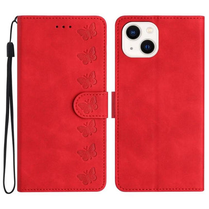 Seven Butterflies Leather Phone Case With Built In Card Slots For Everyday Protection in red PU leather wallet style with embossed butterflies, wrist strap, and camera cutout