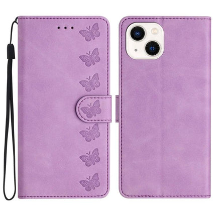 Seven Butterflies Leather Phone Case With Built In Card Slots For Everyday Protection - purple butterfly PU leather wallet case with wrist strap and card slots