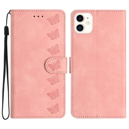 Seven Butterflies Leather Phone Case With Built In Card Slots For Everyday Protection - pink butterfly PU leather wallet case with wrist strap and card slots