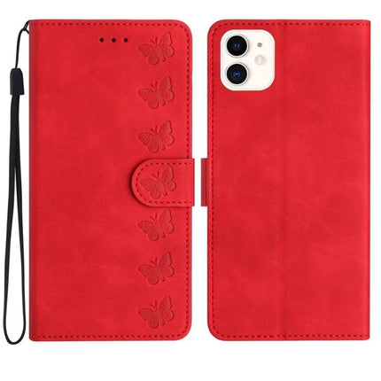 Seven Butterflies Leather Phone Case With Built In Card Slots For Everyday Protection - red butterfly PU leather wallet case with wrist strap and card slots