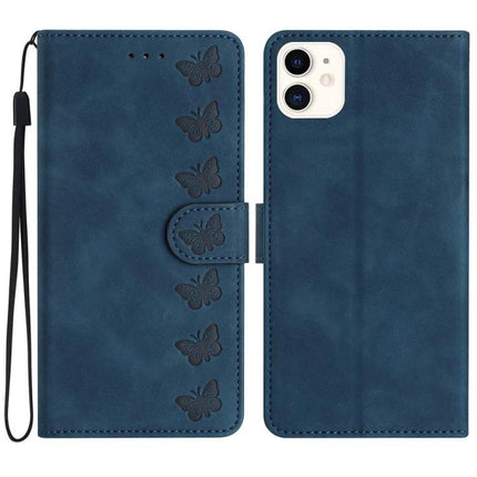 Seven Butterflies Leather Phone Case With Built In Card Slots For Everyday Protection - blue PU leather wallet case with embossed butterflies, card slots and wrist strap