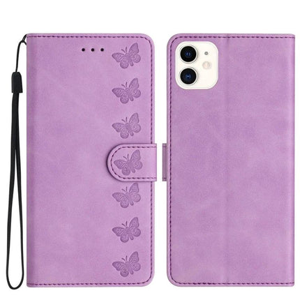 Seven Butterflies Leather Phone Case for Everyday Protection - purple PU leather wallet case with butterfly embossing, card slots and wrist strap