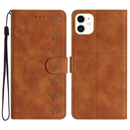 Seven Butterflies Leather Phone Case for Everyday Protection - brown PU leather wallet case with embossed butterflies, card slots and wrist strap