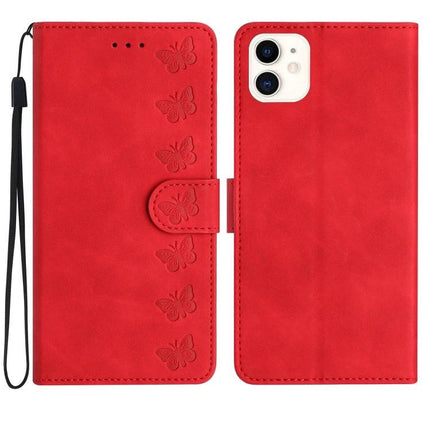 Seven Butterflies Leather Phone Case for Everyday Protection - red PU leather wallet case with embossed butterflies, card slots and wrist strap