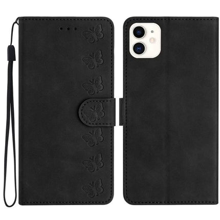 Seven Butterflies Leather Phone Case for Everyday Protection - black PU leather wallet case with embossed butterflies, card slots and wrist strap