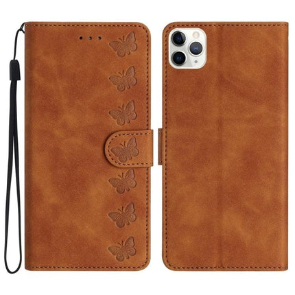 Seven Butterflies Leather Phone Case for Everyday Protection with brown PU leather, embossed butterflies, card slots and wrist strap