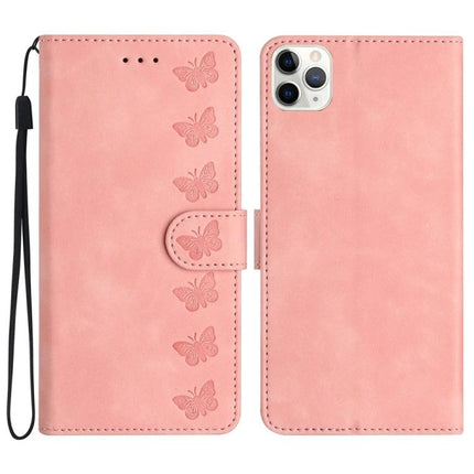 Seven Butterflies Leather Phone Case for Everyday Protection in pink PU leather wallet case with embossed butterflies, card slots and wrist strap