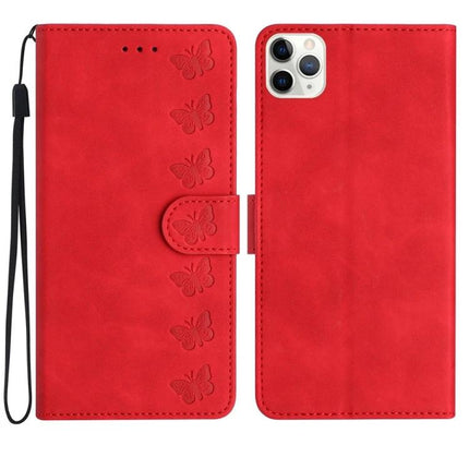 Seven Butterflies Leather Phone Case for Everyday Protection - red PU leather wallet case with butterfly embossing, card slots and wrist strap