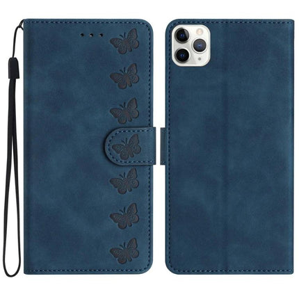 Seven Butterflies Leather Phone Case for Everyday Protection in navy blue PU leather wallet style with embossed butterfly design and card slots
