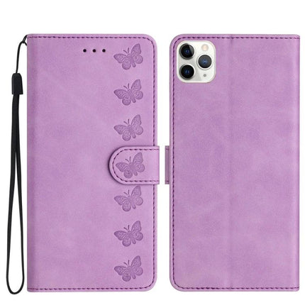 Seven Butterflies Leather Phone Case for Everyday Protection in purple PU leather wallet style with embossed butterflies, card slots and wrist strap
