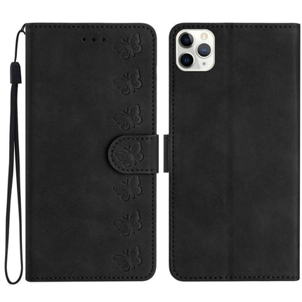 Seven Butterflies Leather Phone Case for Everyday Protection - black PU leather wallet case with embossed butterflies, card slots, wrist strap, TPU shell