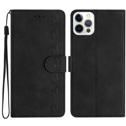 Seven Butterflies Leather Case For Daily Phone Use - black PU leather wallet case with butterfly embossing, card slots, wrist strap and kickstand