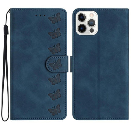 Seven Butterflies Leather Case For Daily Phone Use navy blue wallet case with butterfly embossing, card slots, wrist strap and kickstand
