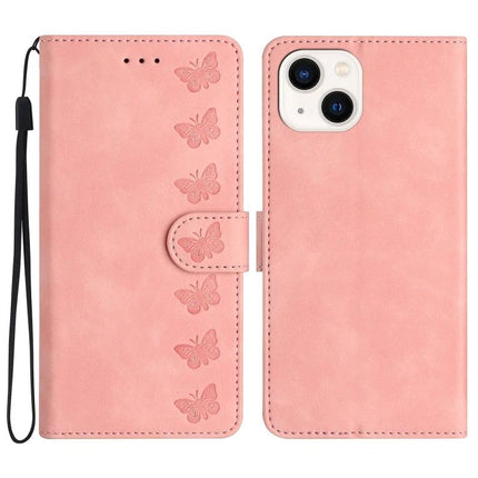 Seven Butterflies Leather Case For Daily Phone Use pink butterfly folio wallet case with card slots, TPU lining and kickstand