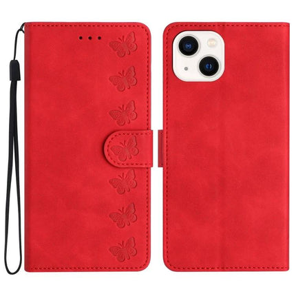 Seven Butterflies Leather Case For Daily Phone Use red wallet-style PU leather phone case with butterfly embossing, card slots, wrist strap and kickstand