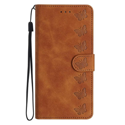 Seven Butterflies Leather Phone Case For Everyday Protection in brown PU leather wallet style with embossed butterfly design and wrist strap