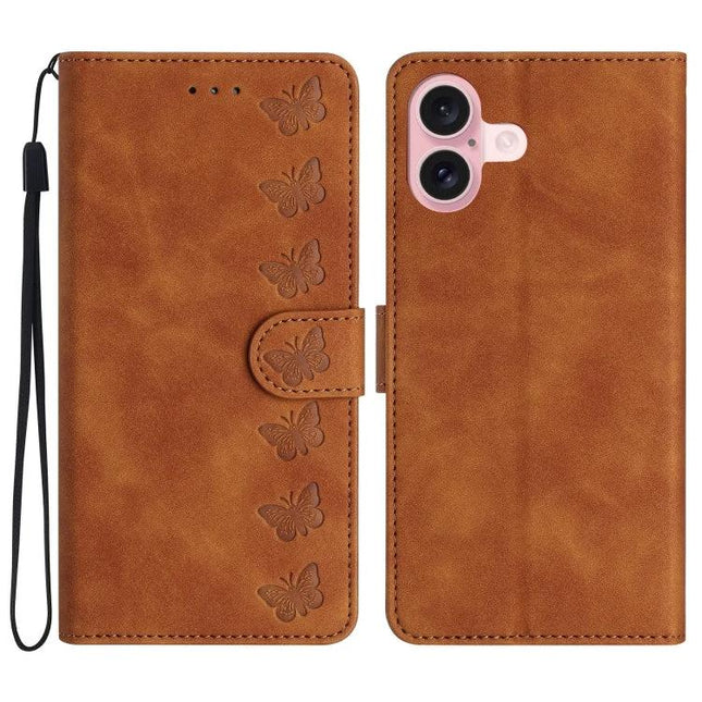 Seven Butterflies Leather Case For Daily Phone Use brown PU leather wallet case with embossed butterflies, card slots, wrist strap and kickstand