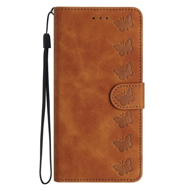 Seven Butterflies Leather Case For Daily Phone Use brown PU leather wallet case with embossed butterflies, card slots, wrist strap and stand