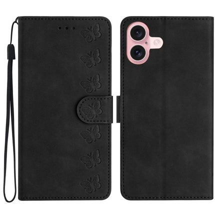 Seven Butterflies Leather Case For Daily iPhone Essentials With Card Slots For Everyday Use - black PU leather wallet case with embossed butterflies and wrist strap