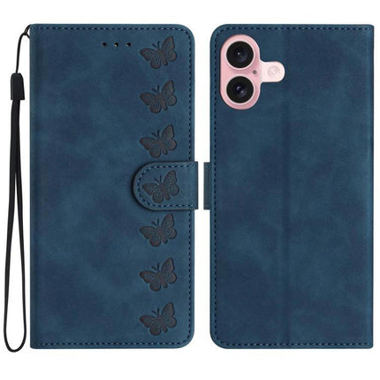 Seven Butterflies Leather Case For Daily iPhone Essentials With Card Slots For Everyday Use - blue PU leather wallet case with butterfly embossing and wrist strap