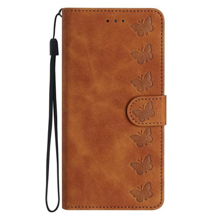 Seven Butterflies Leather Phone Case For Everyday Protection During Commutes And Errands - brown PU leather wallet case with embossed butterflies, card slot, wrist strap