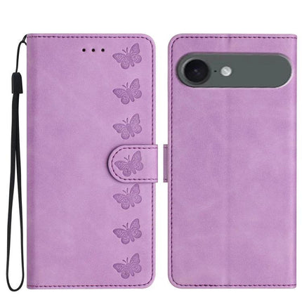 Seven Butterflies Leather Phone Case For Everyday Protection During Commutes And Errands - lavender wallet case with butterfly embossing, card slot, wrist strap