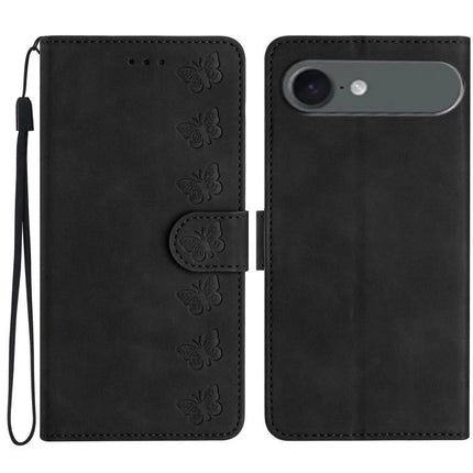 Seven Butterflies Leather Phone Case For Everyday Protection During Commutes And Errands black PU leather wallet case with card slot, wrist strap, stand and butterfly embossing