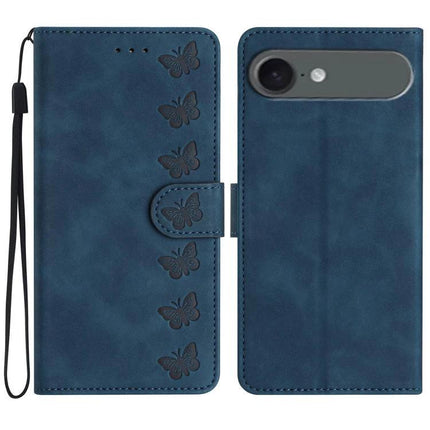 Seven Butterflies Leather Phone Case For Everyday Protection During Commutes And Errands - blue PU leather wallet case with embossed butterflies, card slot and wrist strap
