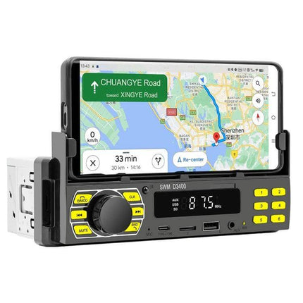 SWM Car Bluetooth MP3 Player with FM and Voice Assistant mounted in car showing smartphone navigation and FM display
