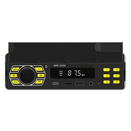 SWM Car Bluetooth MP3 Player with FM and Voice Assistant — black dashboard unit with display, USB, AUX, SD and yellow control buttons