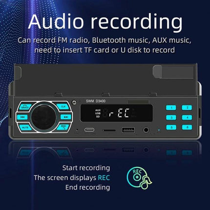 SWM Car Bluetooth MP3 Player with FM and Voice Assistant front panel showing audio recording display and buttons