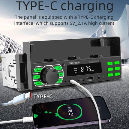 SWM Car Bluetooth MP3 Player with FM and Voice Assistant black dashboard unit showing TYPE-C charging, Bluetooth streaming and FM display