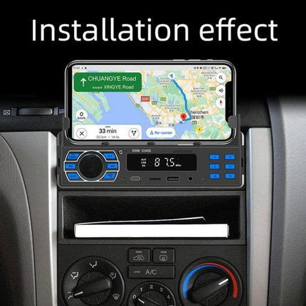 Installation effect showing SWM Car Bluetooth MP3 Player with FM and Voice Assistant mounted under phone displaying navigation