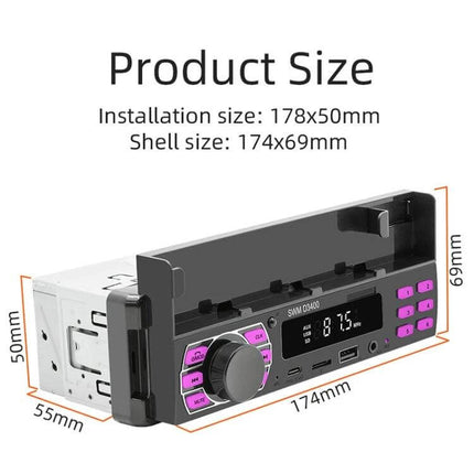 SWM Car Bluetooth MP3 Player with FM and Voice Assistant showing product size and dimensions (174x69mm shell, 178x50mm installation)