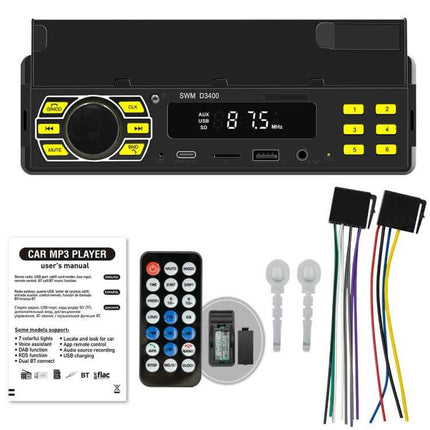 SWM Car Bluetooth MP3 Player with FM and Voice Assistant front panel, remote, wiring harness and accessories