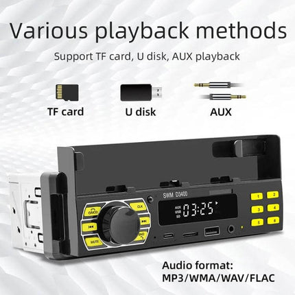 SWM Car Bluetooth MP3 Player with FM and Voice Assistant — dashboard unit showing TF card, U disk, AUX playback and audio format icons