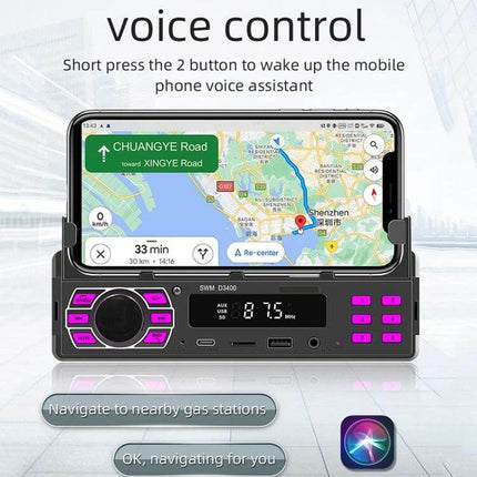 SWM Car Bluetooth MP3 Player with FM and Voice Assistant showing smartphone navigation, FM display, and voice control for hands-free driving