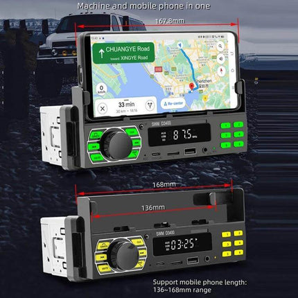 SWM Car Bluetooth MP3 Player with FM and Voice Assistant showing dash-mounted unit with phone holder, Bluetooth, FM display and voice control buttons
