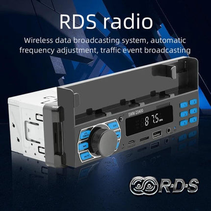 SWM Car Bluetooth MP3 Player with FM and Voice Assistant showing front panel, knobs, display and RDS radio features