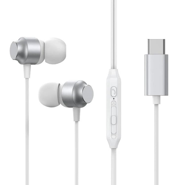 Joyroom In-Ear Earphones for Daily Commutes and Relaxation — white wired Type-C in-ear headphones with inline remote and silicone tips