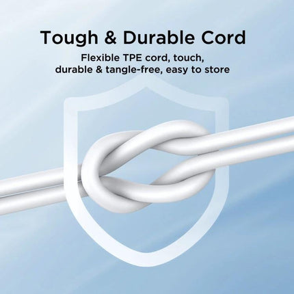 Joyroom In-Ear Earphones for Daily Commutes and Relaxation - white flexible TPE cord shown knotted to highlight tough, durable, tangle-free design