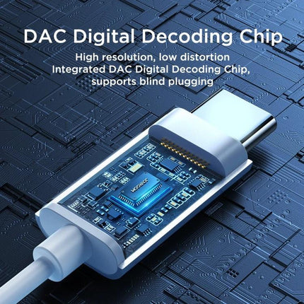 Joyroom In-Ear Earphones for Daily Commutes and Relaxation showing USB-C DAC digital decoding chip close-up