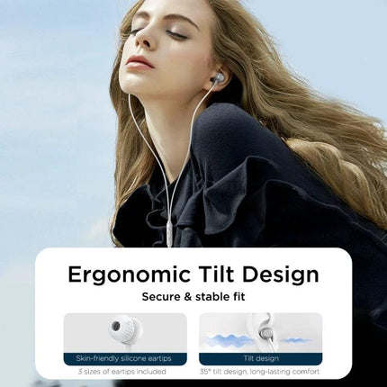 Joyroom In-Ear Earphones for Daily Commutes and Relaxation - woman wearing ergonomic tilt design earbuds for comfortable commutes and relaxation