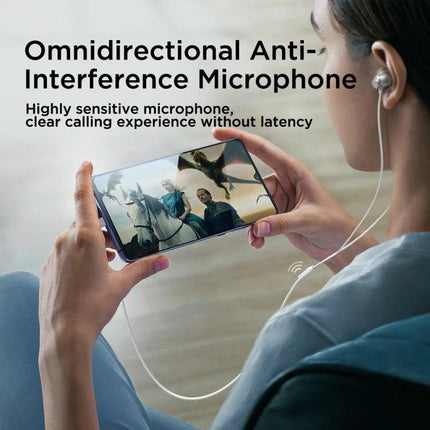 Joyroom In-Ear Earphones for Daily Commutes and Relaxation — user wearing wired in-ear earphones watching video with omnidirectional anti-interference microphone