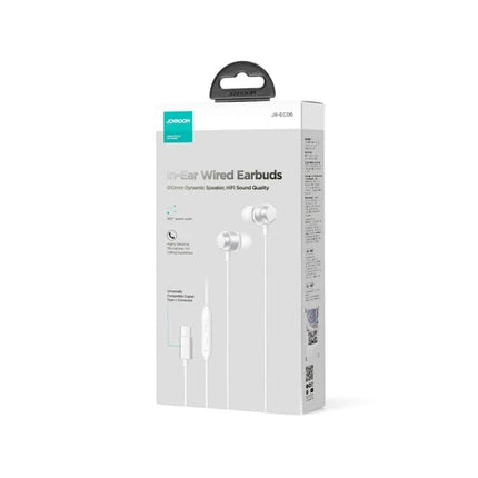 Joyroom In-Ear Earphones for Daily Commutes and Relaxation - white wired in-ear earbuds packaging showing earbuds and inline mic